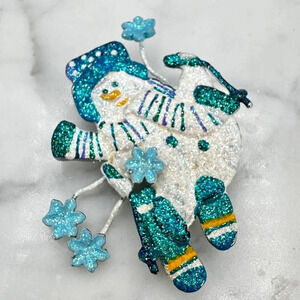 Vintage Snowman Brooch Pin Christmas Frosty Glitter Blue White Winter Ho…